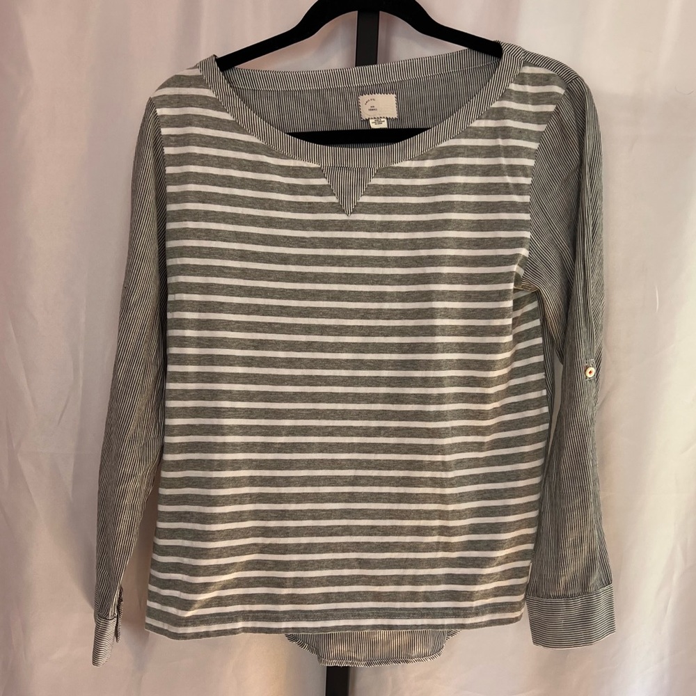 Anthro Postmark Gray and White Stripe Long Sleeve Top, size XS